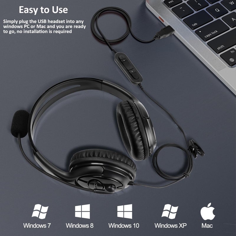 MKJ USB Headset with Microphone, Noise Canceling PC Headset for Laptop, Dual Ear Wired Headphone for Call Center, Home Offices, Zoom, Microsoft Teams, Webinar - Image 3